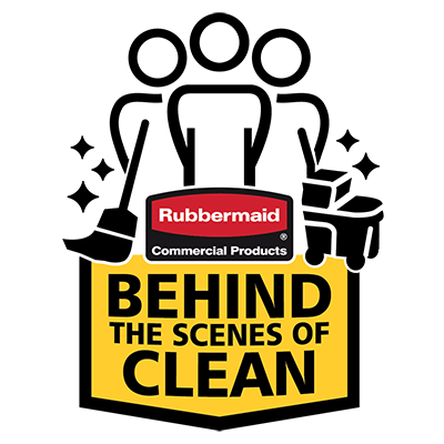 Rubbermaid Commercial Products graphic showing three stick-figure cleaners, a yellow 'Behind the Scenes of Clean' sign, and the Rubbermaid logo.